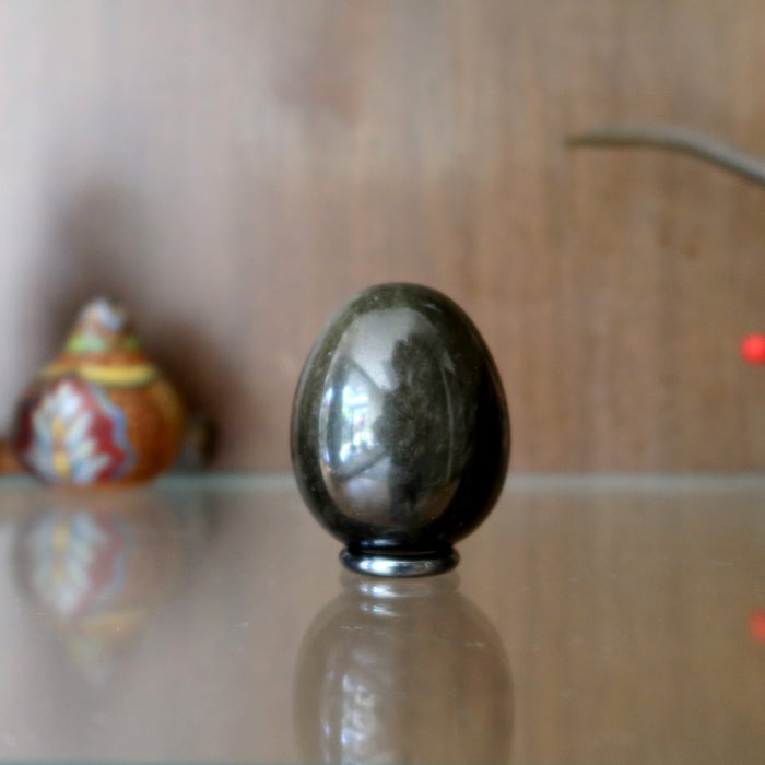 Sheen Obsidian Egg Black Crystal Hematine Display Ring