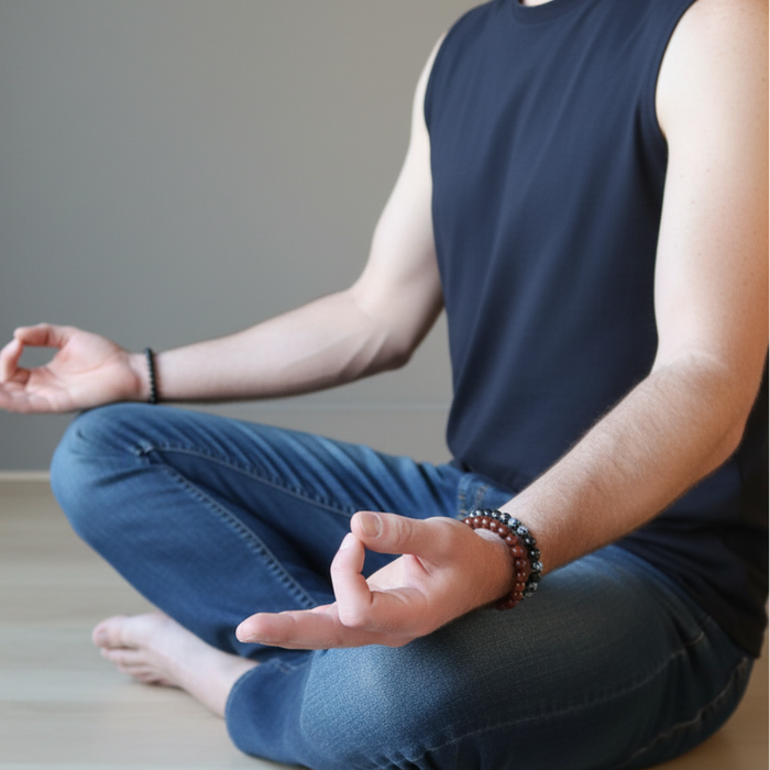 Person sitting in a meditative pose with hands in a prayer position on a neutral background
