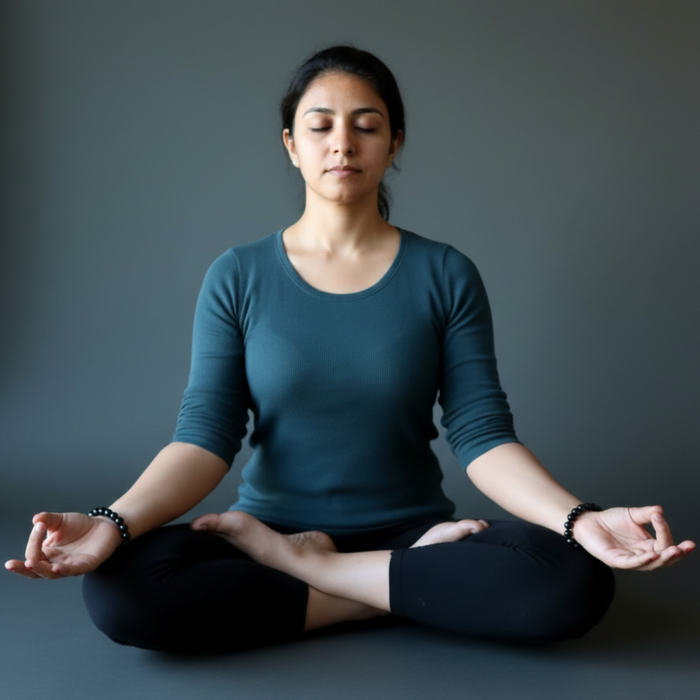 Woman in a teal shirt and black pants sitting in a meditative pose on a gray background