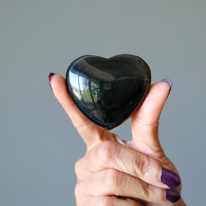 Rainbow Obsidian Heart Flashy Black Polished Crystal