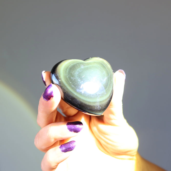 Rainbow Obsidian Heart Flashy Black Polished Crystal
