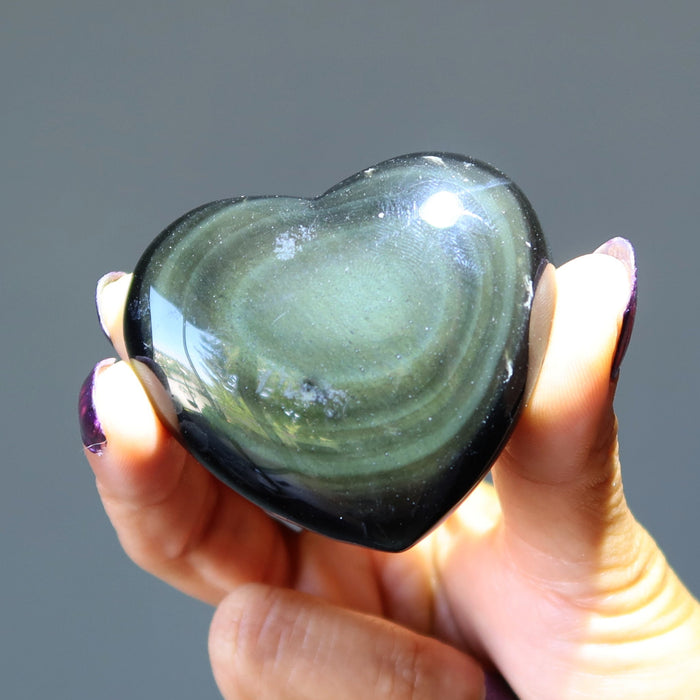 Rainbow Obsidian Heart Flashy Black Polished Crystal