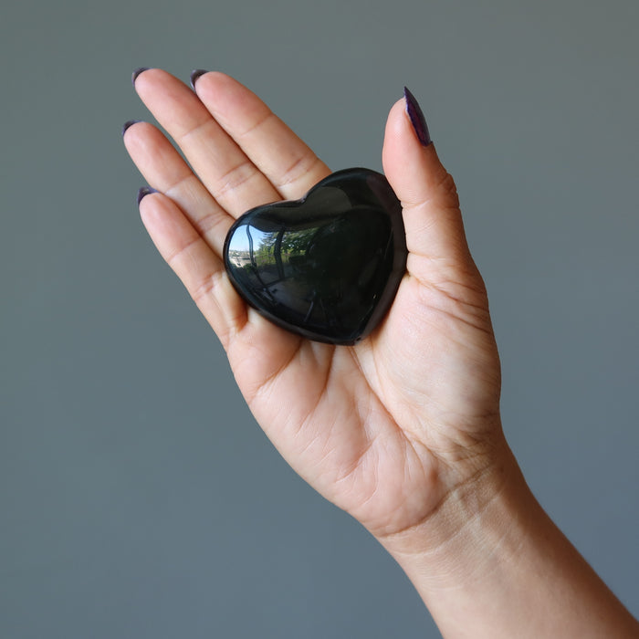 Rainbow Obsidian Heart Flashy Black Polished Crystal