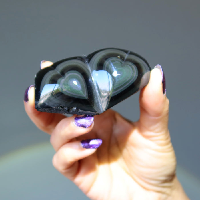 Rainbow Obsidian Double Heart Flashy Black Soulmate Crystal