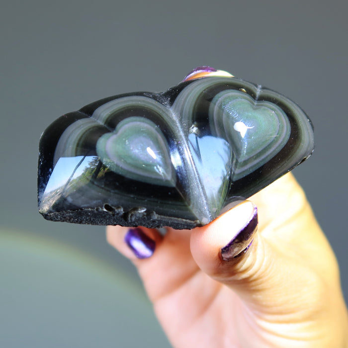 Rainbow Obsidian Double Heart Flashy Black Soulmate Crystal