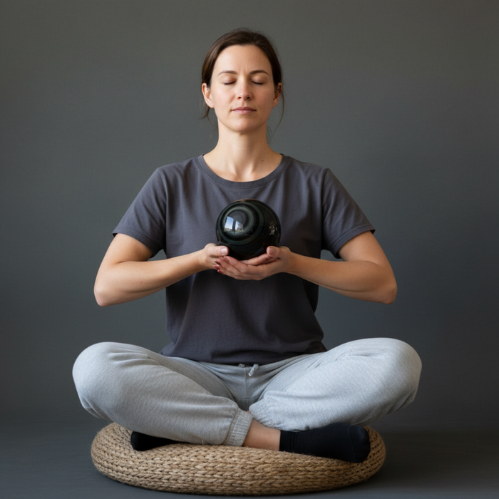 Person meditating with a rainbow obsidian sphere in hands on a gray background