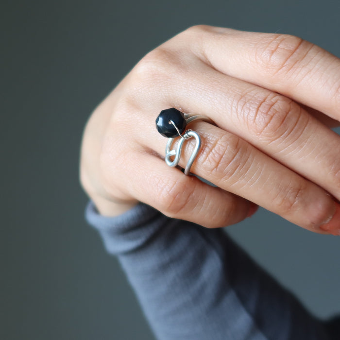 Black Obsidian Ring Graceful Guardian Gem Faceted Size 5.5