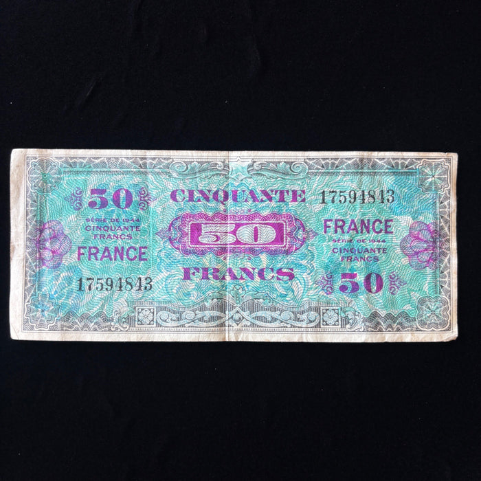 Vintage Banknote 1944 WWII France 50 Francs Allied Military Currency D-Day