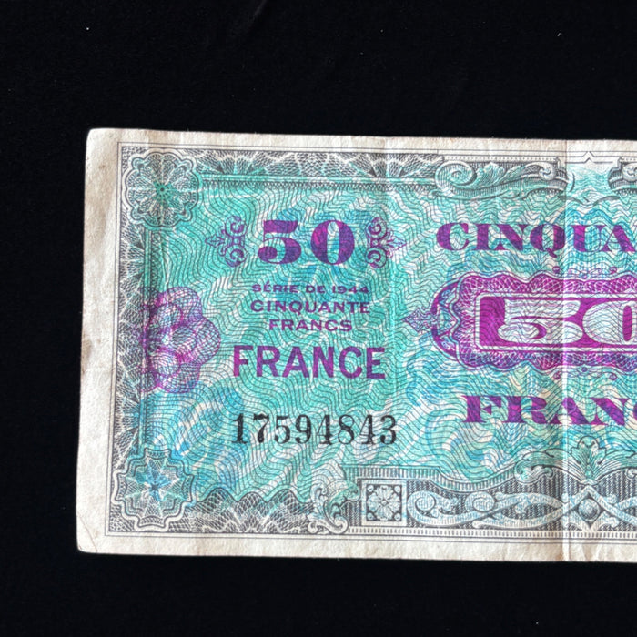 Vintage Banknote 1944 WWII France 50 Francs Allied Military Currency D-Day