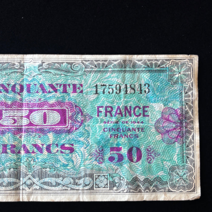 Vintage Banknote 1944 WWII France 50 Francs Allied Military Currency D-Day