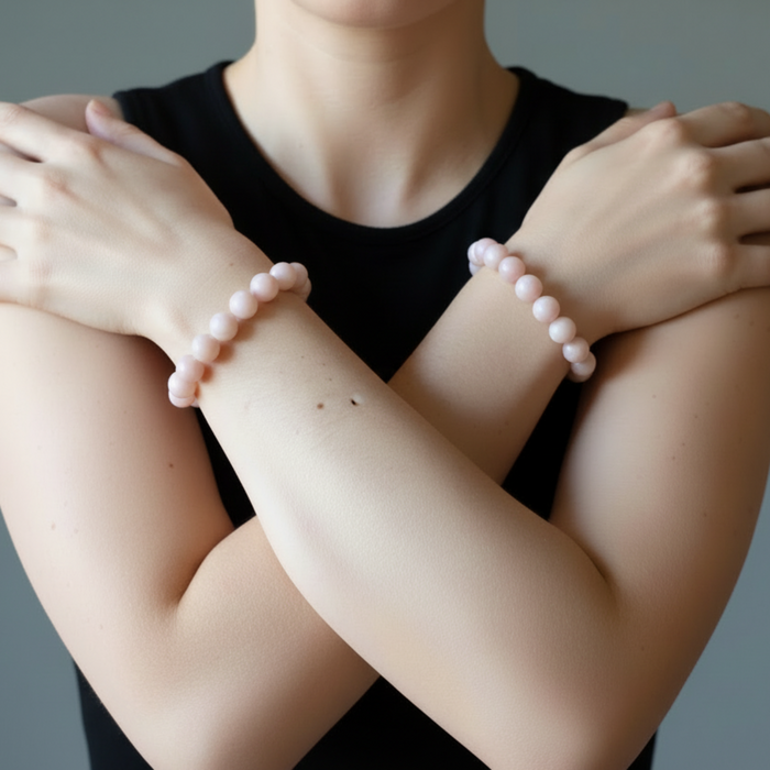 Person wearing two opal bracelets on a neutral background