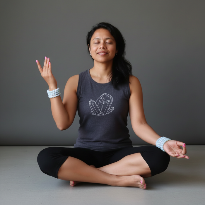 Woman in a yoga pose wearing a dark gray tank top with a crystal design on a plain background
