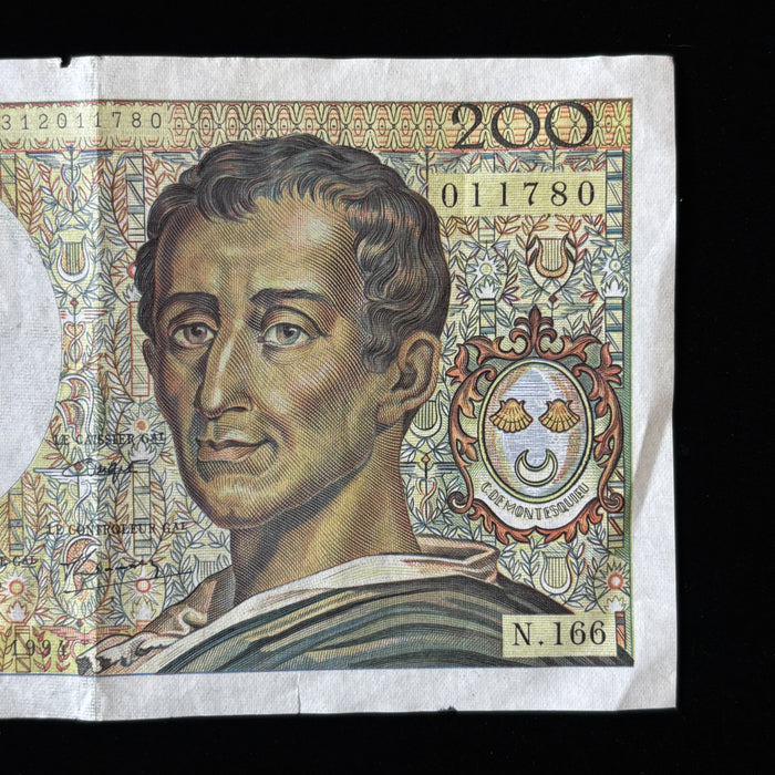 Vintage Banknote 1991 France 200 Francs Large Bill European Currency Watermark