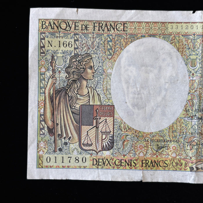Vintage Banknote 1991 France 200 Francs Large Bill European Currency Watermark
