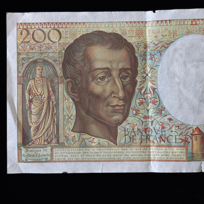 Vintage Banknote 1991 France 200 Francs Large Bill European Currency Watermark