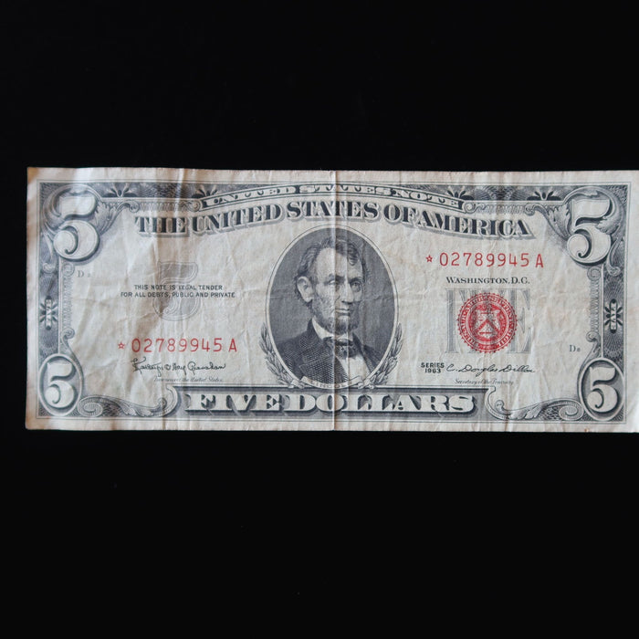 Vintage 1963 $5 Banknote Red Seal Star Replacement Note Five Dollar US Currency
