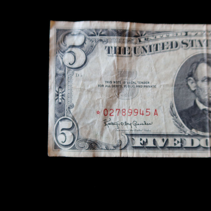 Vintage 1963 $5 Banknote Red Seal Star Replacement Note Five Dollar US Currency