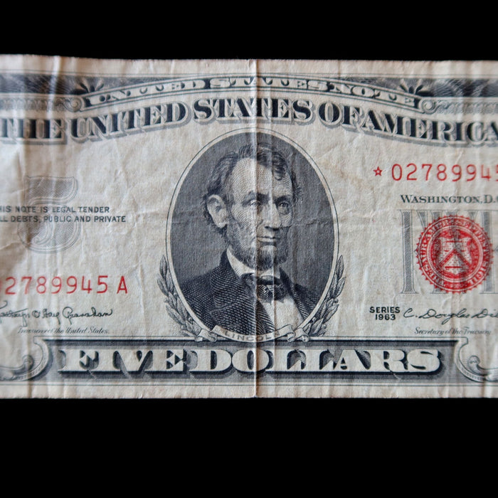 Vintage 1963 $5 Banknote Red Seal Star Replacement Note Five Dollar US Currency
