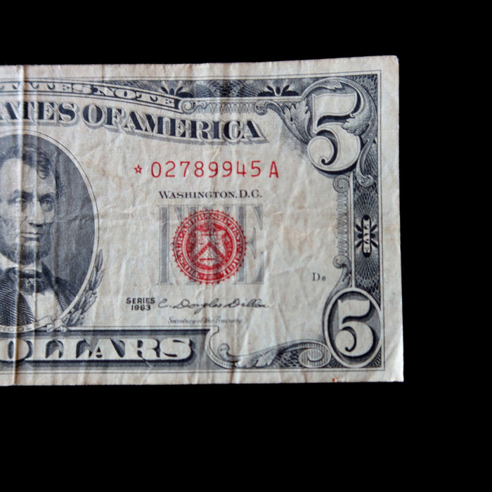 Vintage 1963 $5 Banknote Red Seal Star Replacement Note Five Dollar US Currency
