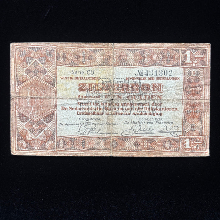 Vintage Banknote 1938 Zilverbon Currency 1 Gulden Netherlands Dutch Silver Note