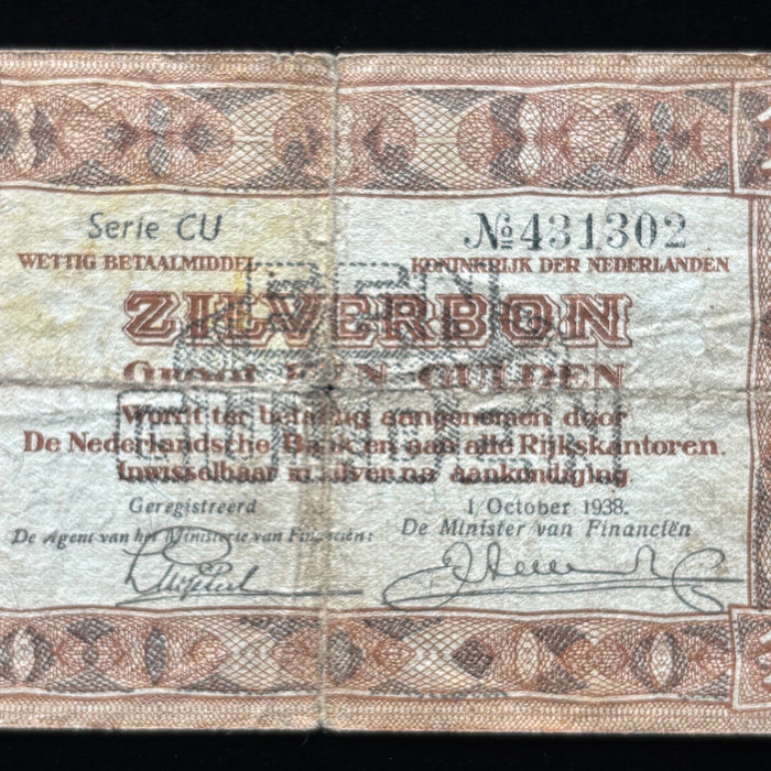 Vintage Banknote 1938 Zilverbon Currency 1 Gulden Netherlands Dutch Silver Note