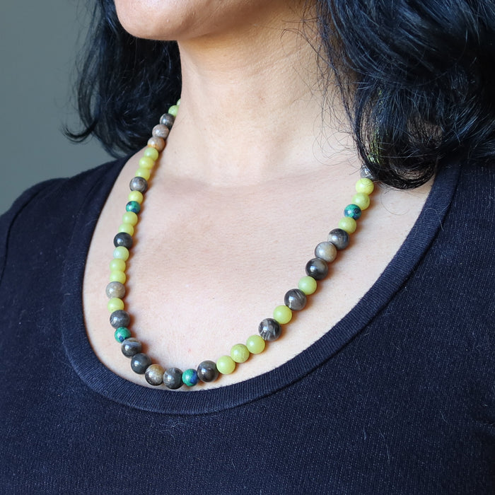 Petrified Wood Necklace Sun Earth Serpentine Malachite Azurite