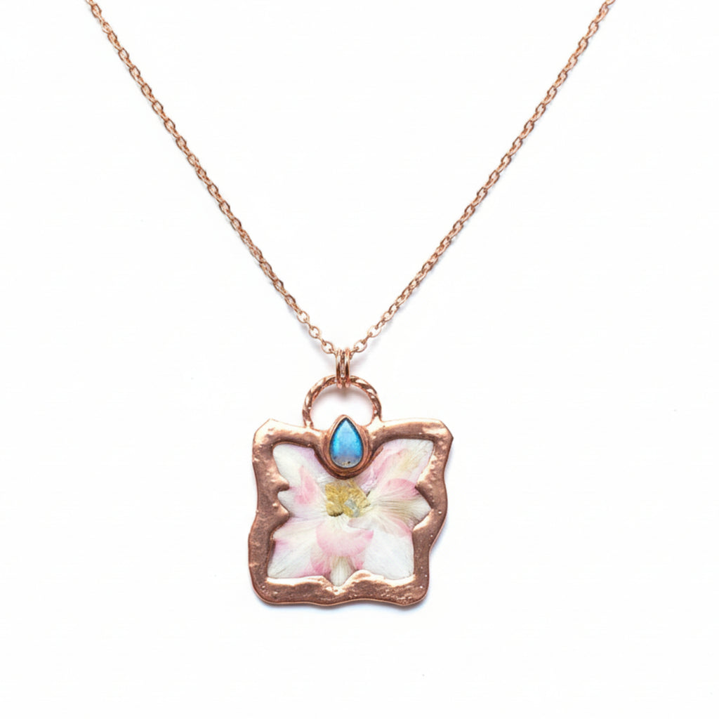 Rainbow Moonstone Necklace Botanical Pink Flower Copper — Satin