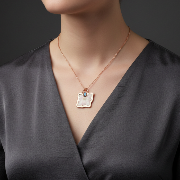 Rainbow Moonstone Necklace Botanical Pink Flower Copper