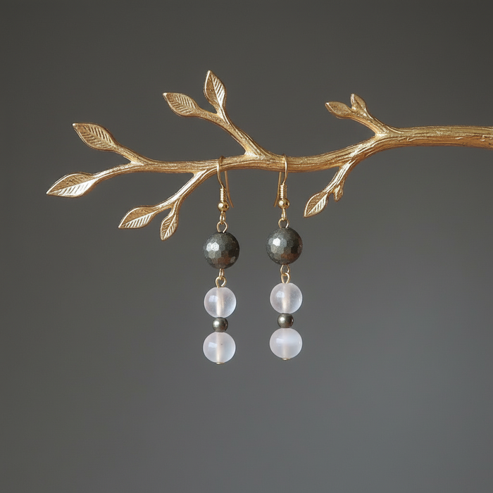 Pyrite Earrings Radiant White Selenite Spotlight Faceted
