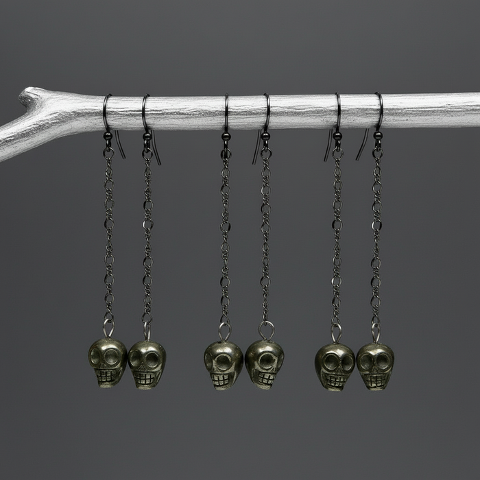 Pyrite Earrings Rocking Fun Skull Skeleton Chain