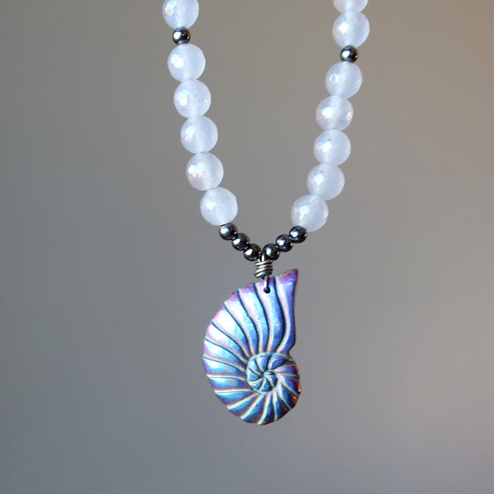 Pyrite Chalcedony Necklace Rainbow Sea Shell