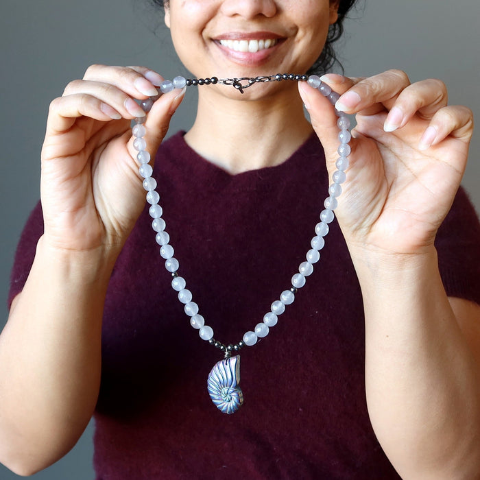Pyrite Chalcedony Necklace Rainbow Sea Shell