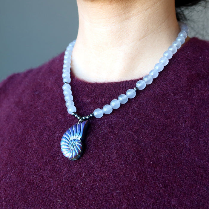 Pyrite Chalcedony Necklace Rainbow Sea Shell