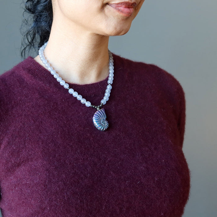 Pyrite Chalcedony Necklace Rainbow Sea Shell