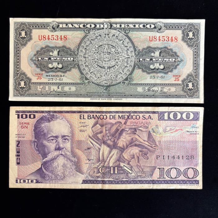Vintage Banknote Lot Mexico 1, 100 Pesos Aztec Old Latin Revolution Currency