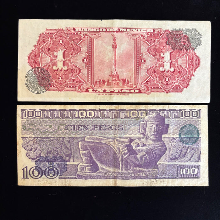 Vintage Banknote Lot Mexico 1, 100 Pesos Aztec Old Latin Revolution Currency