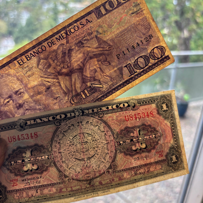Vintage Banknote Lot Mexico 1, 100 Pesos Aztec Old Latin Revolution Currency