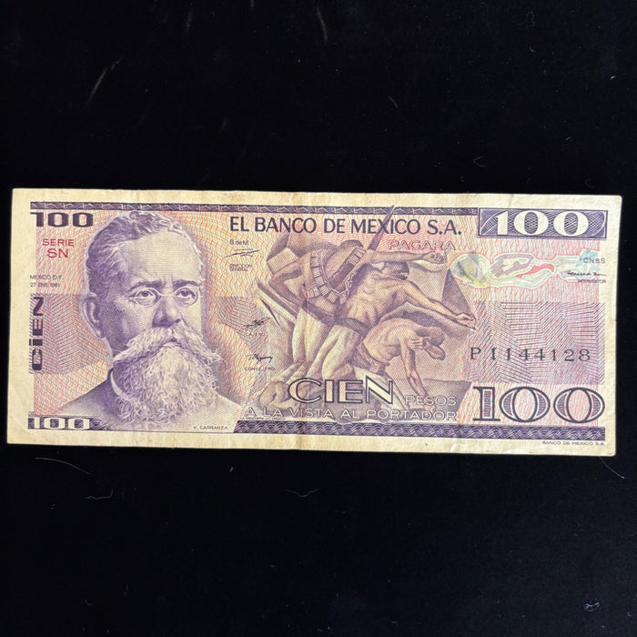 Vintage Banknote Lot Mexico 1, 100 Pesos Aztec Old Latin Revolution Currency
