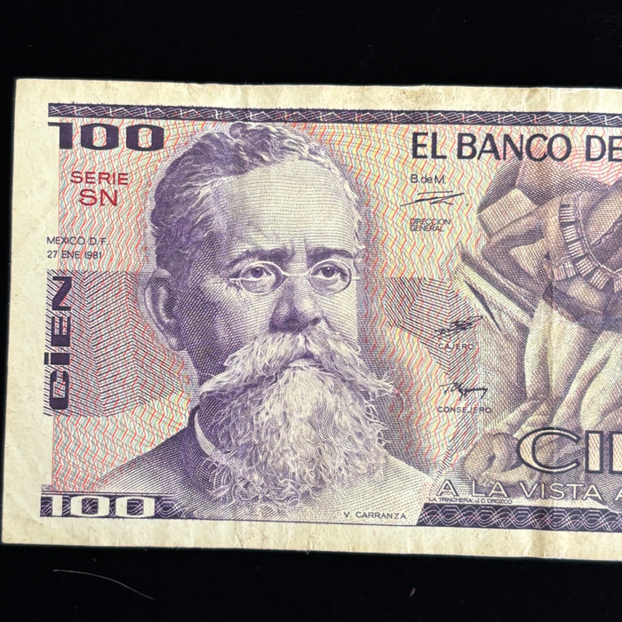 Vintage Banknote Lot Mexico 1, 100 Pesos Aztec Old Latin Revolution Currency