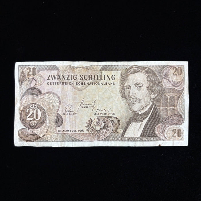 Vintage Banknote 1967 Austria 20 Schilling Semmering Train Railway Watermark