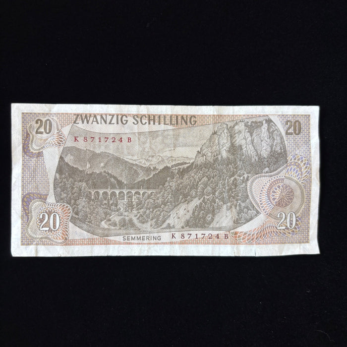 Vintage Banknote 1967 Austria 20 Schilling Semmering Train Railway Watermark