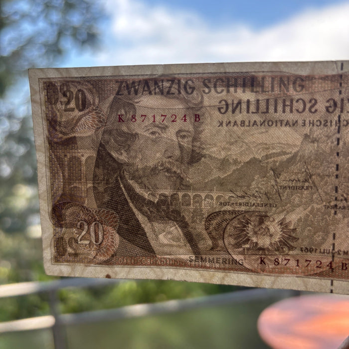 Vintage Banknote 1967 Austria 20 Schilling Semmering Train Railway Watermark