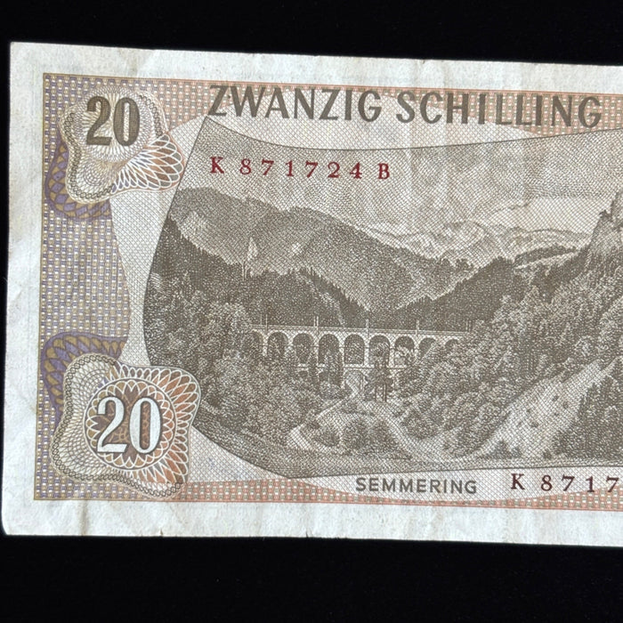 Vintage Banknote 1967 Austria 20 Schilling Semmering Train Railway Watermark