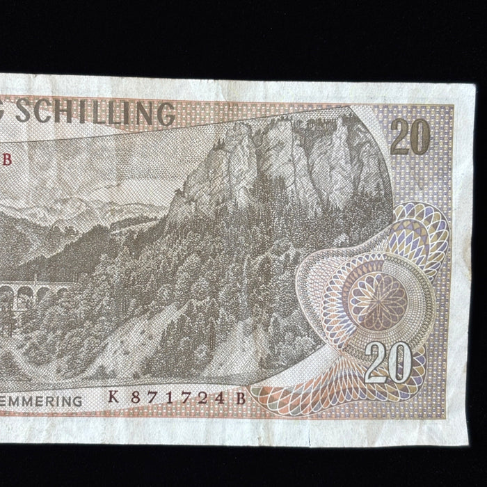 Vintage Banknote 1967 Austria 20 Schilling Semmering Train Railway Watermark