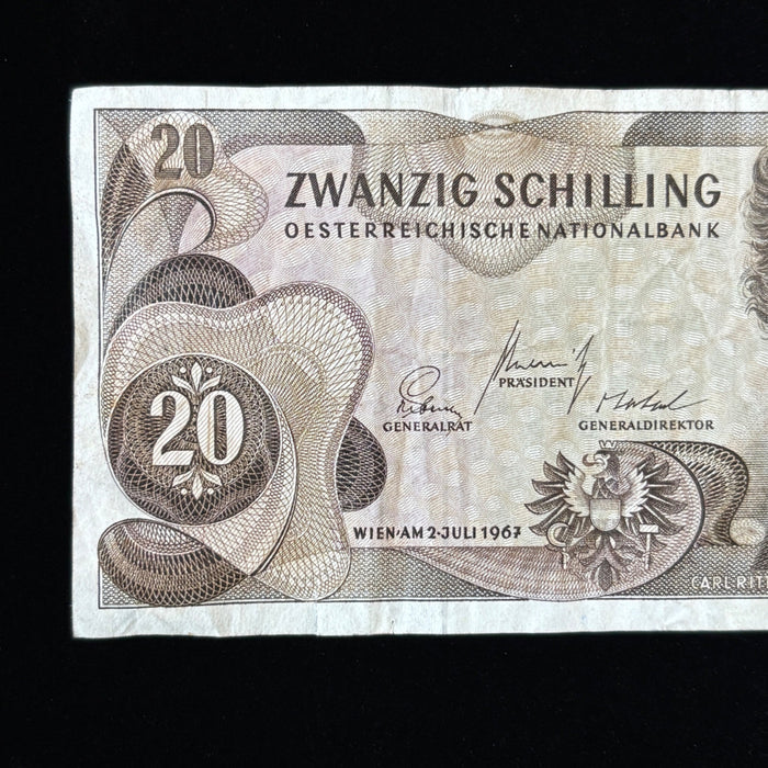 Vintage Banknote 1967 Austria 20 Schilling Semmering Train Railway Watermark