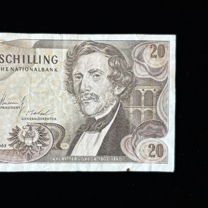 Vintage Banknote 1967 Austria 20 Schilling Semmering Train Railway Watermark