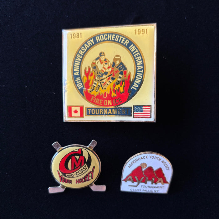 Vintage Pins Lot 3 Hockey Tournament Rochester 1991 Mid-Coast Adirondack Youth