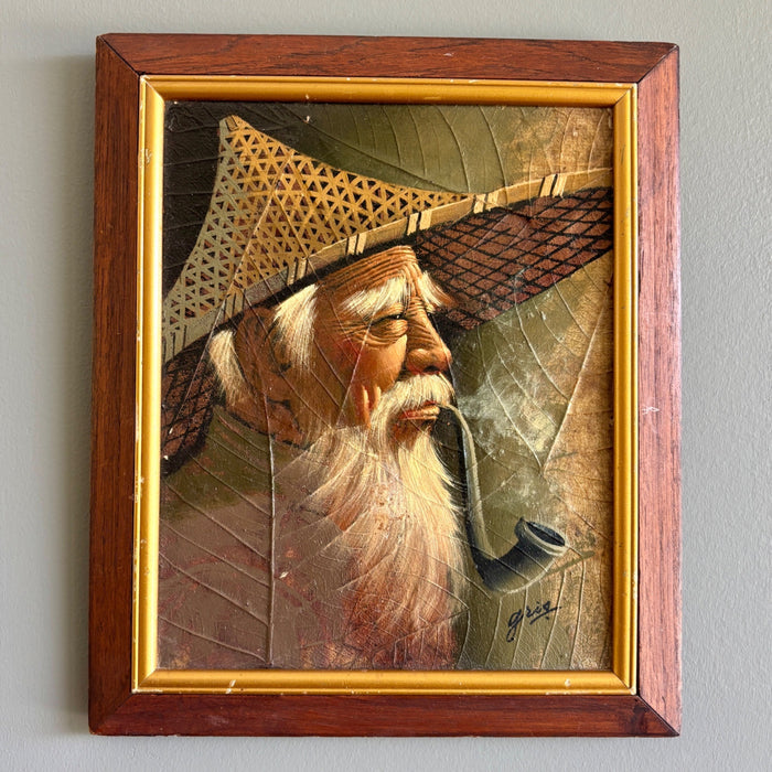 Vintage Original Oil Painting Tobacco Leaf Old Man Smoking Pipe Signed Gris Art