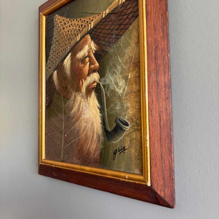Vintage Original Oil Painting Tobacco Leaf Old Man Smoking Pipe Signed Gris Art
