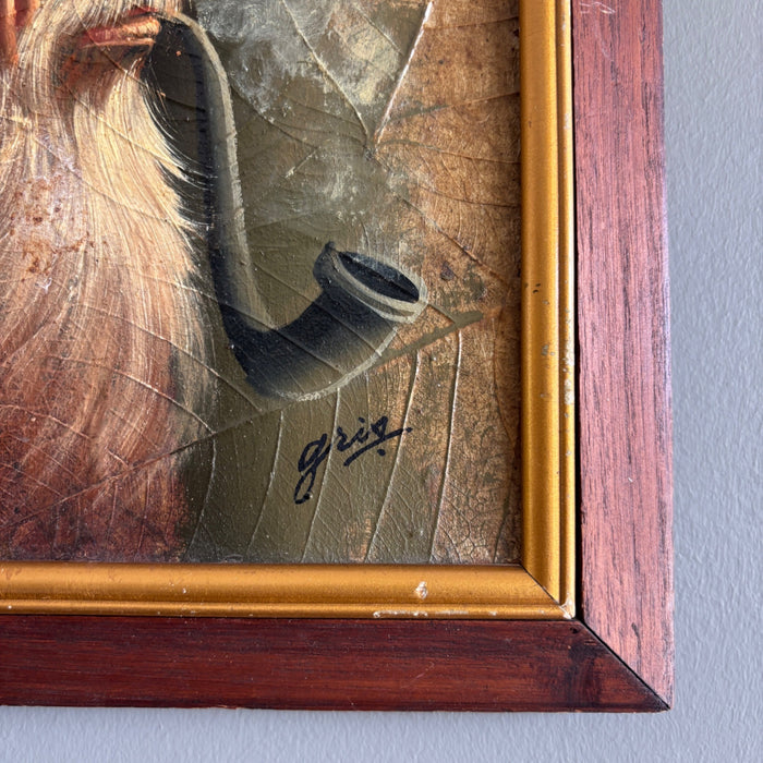 Vintage Original Oil Painting Tobacco Leaf Old Man Smoking Pipe Signed Gris Art